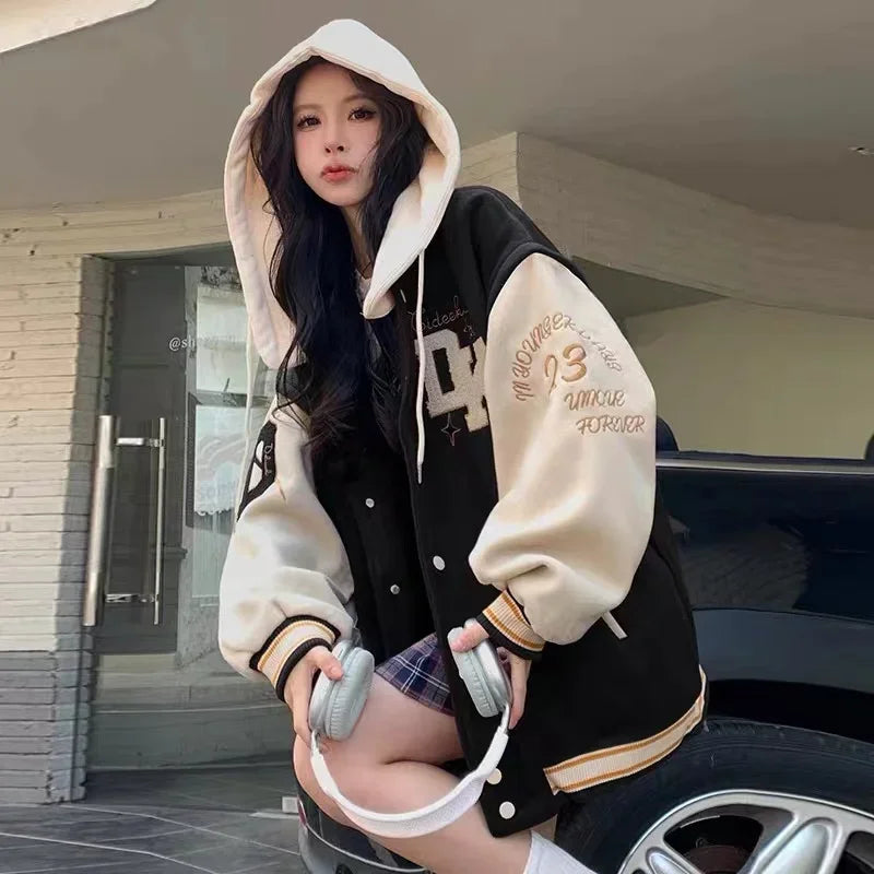 2024 Women's Retro Embroidered Hooded Baseball Jacket