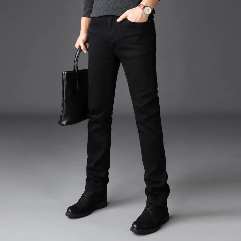 Men's Slim Fit Stretch Denim Jeans - Black Korean Style
