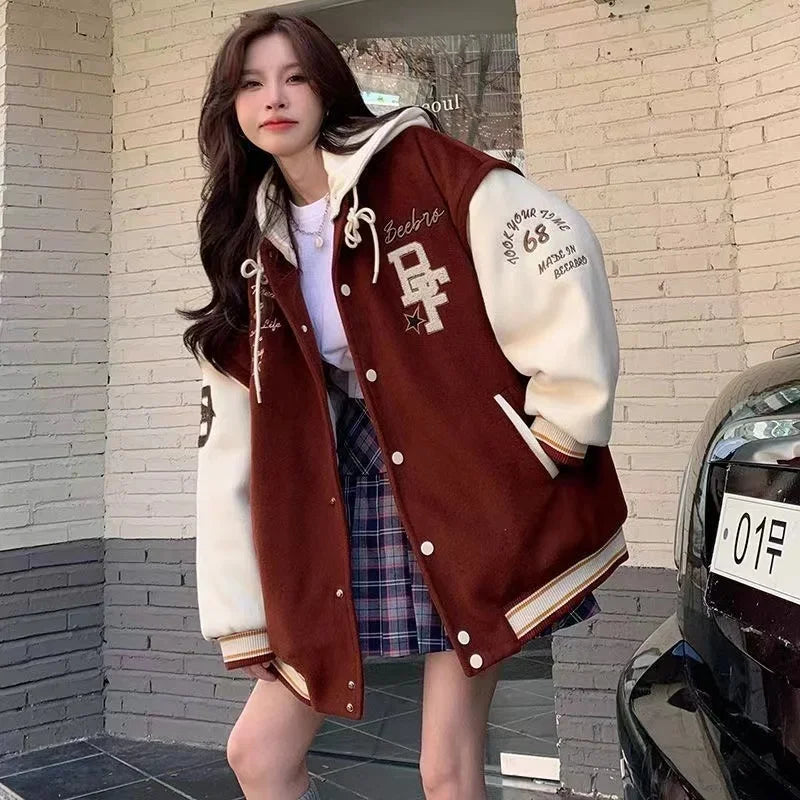 2024 Women's Retro Embroidered Hooded Baseball Jacket