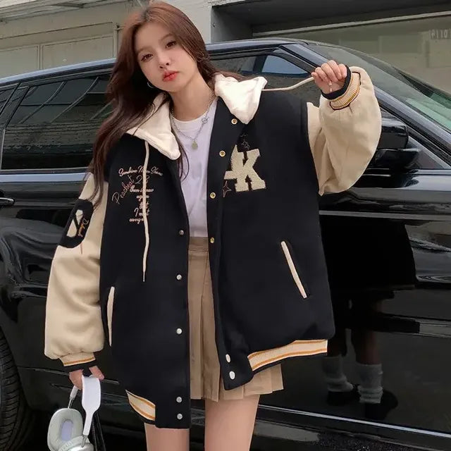 2024 Women's Retro Embroidered Hooded Baseball Jacket