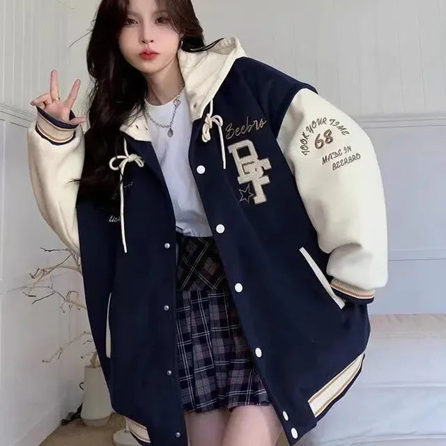 2024 Women's Retro Embroidered Hooded Baseball Jacket