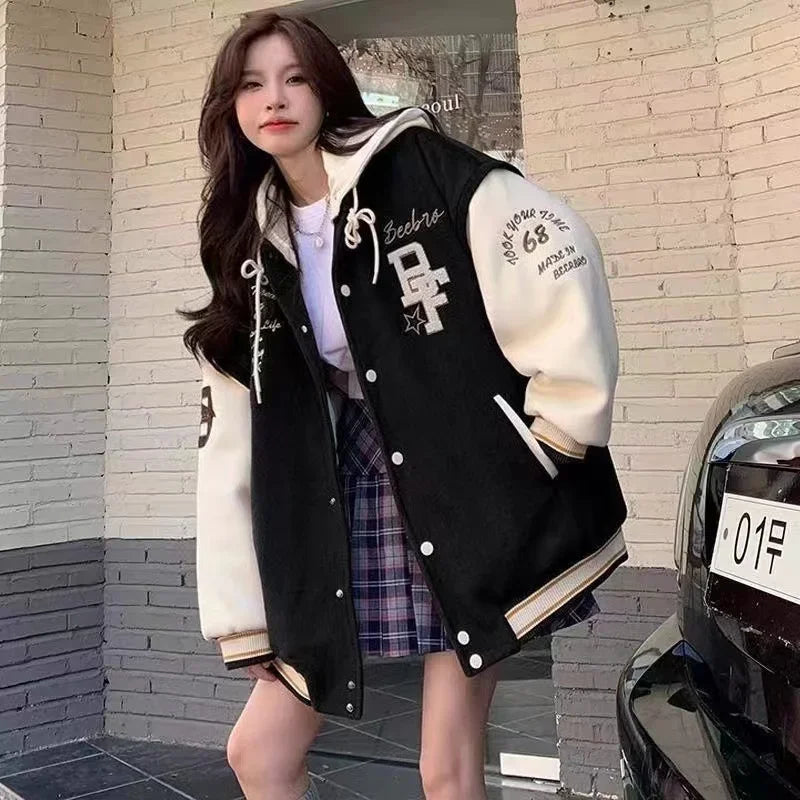 2024 Women's Retro Embroidered Hooded Baseball Jacket